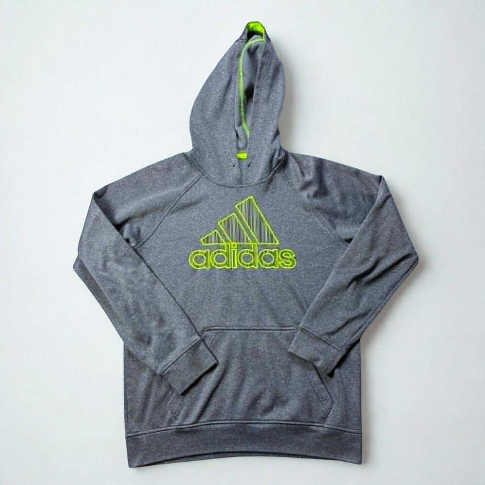 Adidas Youth Medium Gray Neon Green Logo Pullover Hoodie Sweatshirt Fleece